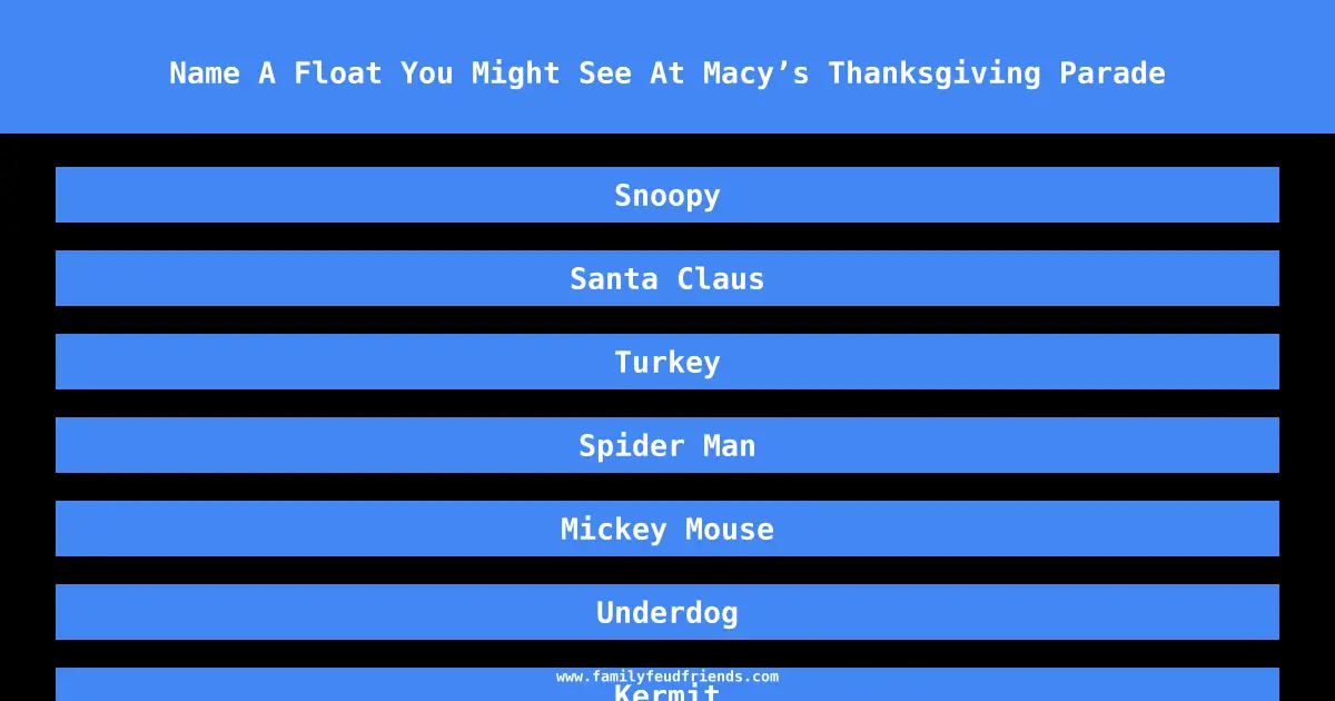 Name A Float You Might See At Macy’s Thanksgiving Parade answer