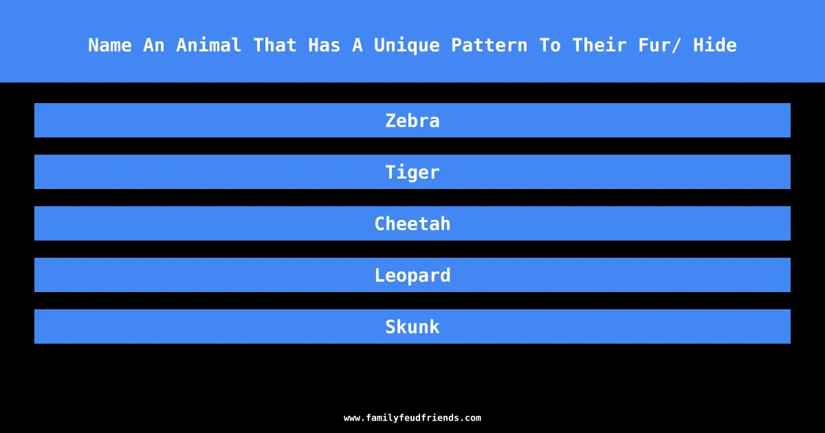Name An Animal That Has A Unique Pattern To Their Fur/ Hide answer