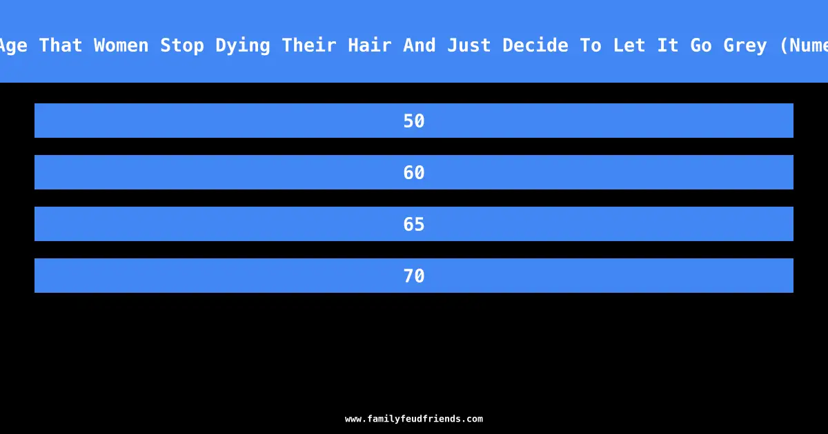 Name The Age That Women Stop Dying Their Hair And Just Decide To Let It Go Grey (Numeric Only) answer