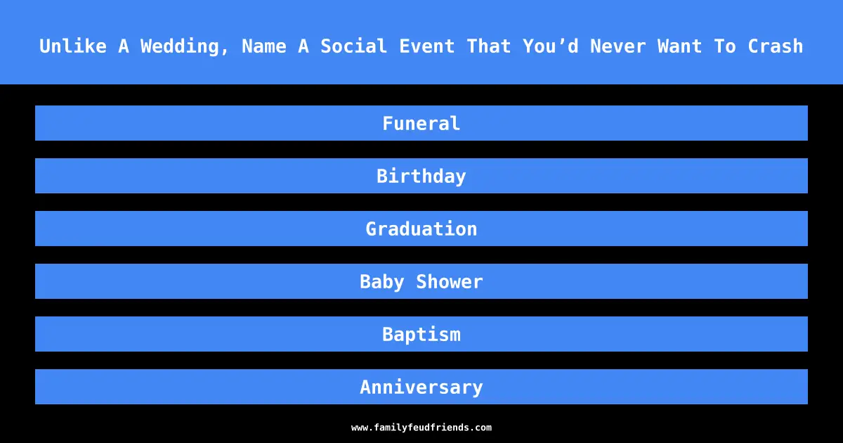 Unlike A Wedding, Name A Social Event That You’d Never Want To Crash answer