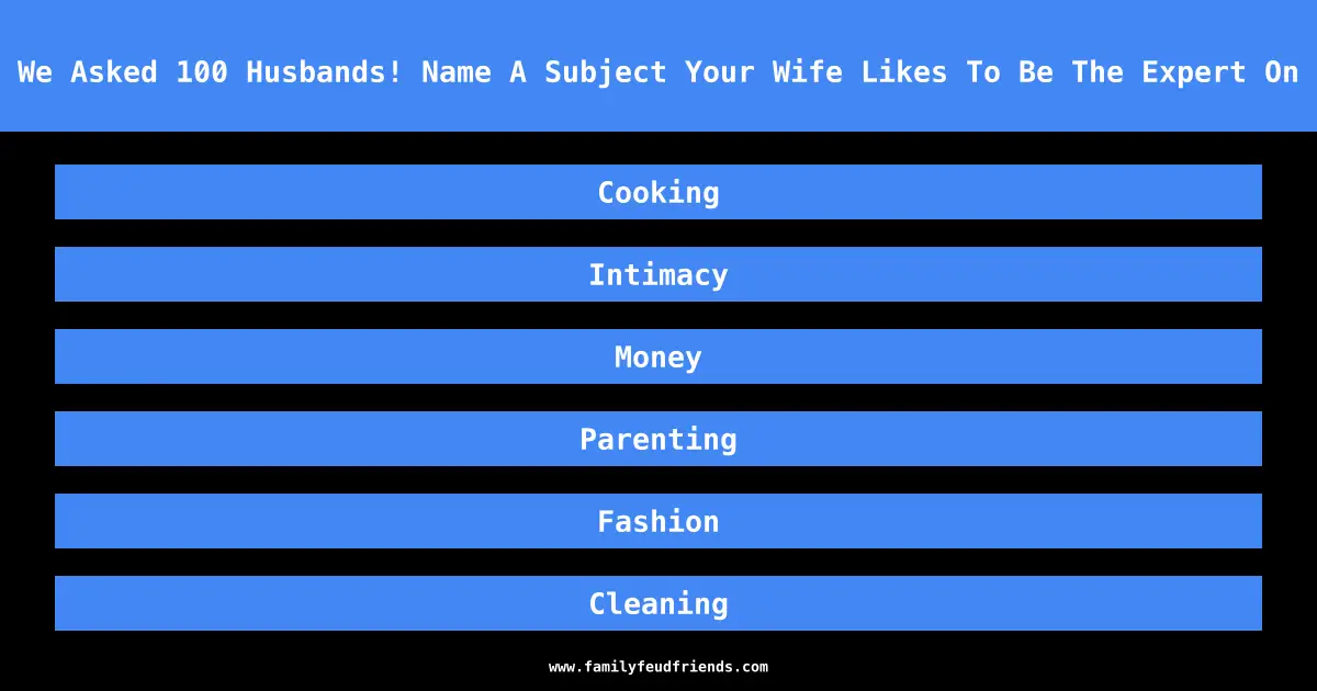 We Asked 100 Husbands! Name A Subject Your Wife Likes To Be The Expert On answer